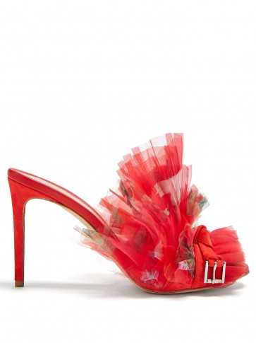 ALEXANDER MCQUEEN Floral-print pleated organza mules ~ red ruffled heels