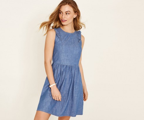 OASIS FRILL FRONT CHAMBRAY DRESS | fit and flare denim dresses