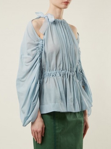 FENDI Gathered tie-neck cotton-voile top | pleated cold shoulder tops - flipped