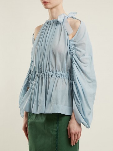 FENDI Gathered tie-neck cotton-voile top | pleated cold shoulder tops