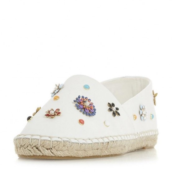 DUNE Gewel – White Floral Embellish Espadrilles Shoe | beaded flats - flipped