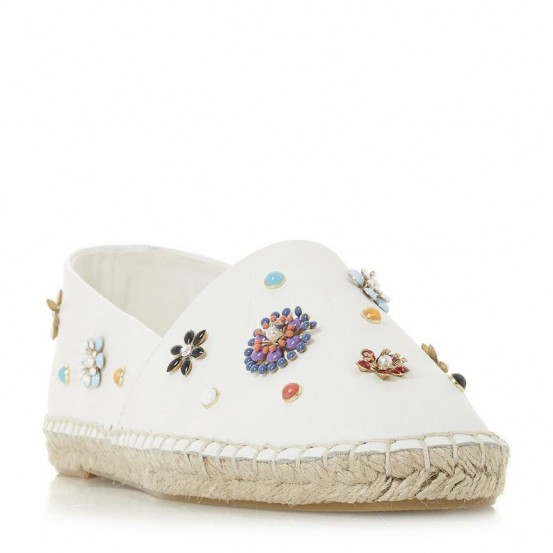 DUNE Gewel – White Floral Embellish Espadrilles Shoe | beaded flats