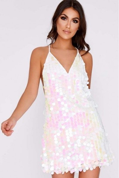IN THE STYLE GIORGIA WHITE IRRIDESCENT SEQUIN PLUNGE DRESS ~ shimmering slip dresses - flipped