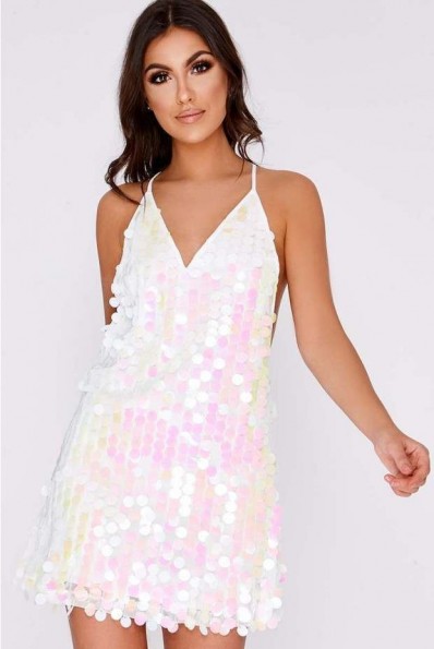 IN THE STYLE GIORGIA WHITE IRRIDESCENT SEQUIN PLUNGE DRESS ~ shimmering slip dresses