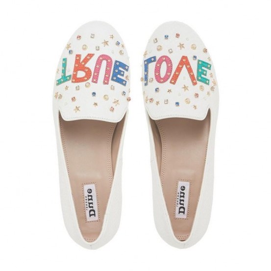 DUNE Glitza White Slipper Cut Loafer Shoe | embellished flats - flipped