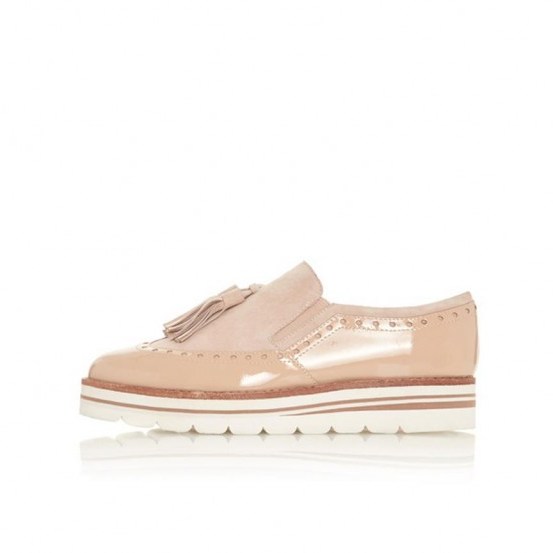 Glorya – Nude Brogue Detail Tassel Flatfrom Loafer | suede and patent loafers | luxe style flatforms - flipped