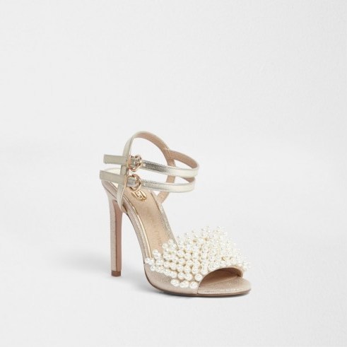 River Island Gold faux pearl vamp strappy heeled sandals – embellished high heels - flipped