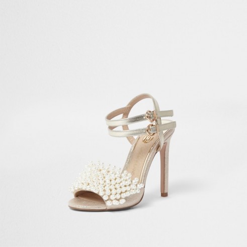 River Island Gold faux pearl vamp strappy heeled sandals – embellished high heels
