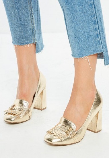 Missguided gold fringe square toe court shoes – metallic block heel courts - flipped