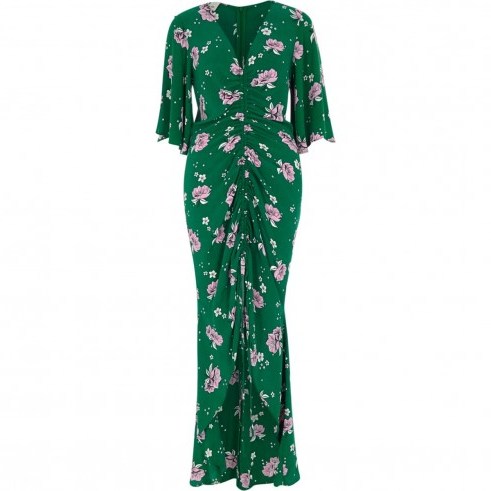 River Island Green floral print ruched front maxi dress ~ long gathered front party dresses - flipped