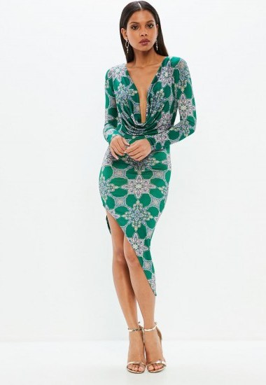 Missguided green tile print cowl slinky dress – plunging party dresses - flipped