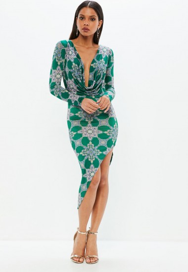 Missguided green tile print cowl slinky dress – plunging party dresses