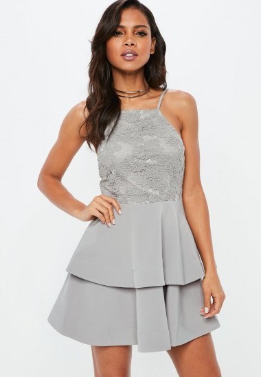 Missguided grey 90s neck lace frill skater dress ~ fit and flare party dresses - flipped