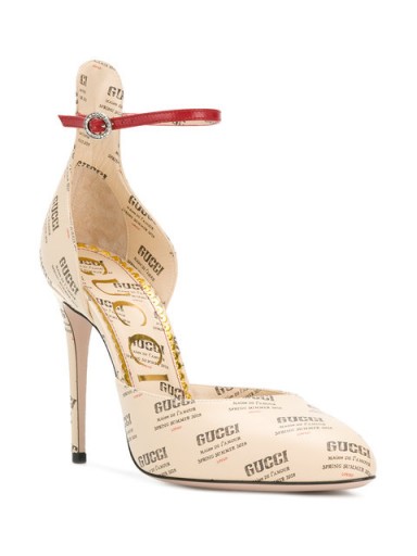 GUCCI Gucci invite print pumps / logo and slogan printed high heel shoes