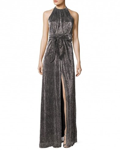Halston Heritage Sleeveless Halter-Neck Textured Metallic Evening Gown - flipped