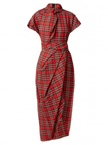 A.W.A.K.E. High-neck draped tartan cotton dress ~ chic red plaid dresses - flipped