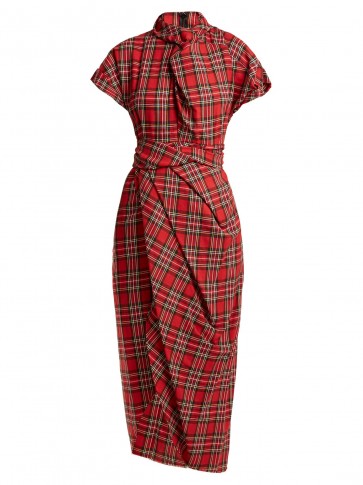 A.W.A.K.E. High-neck draped tartan cotton dress ~ chic red plaid dresses