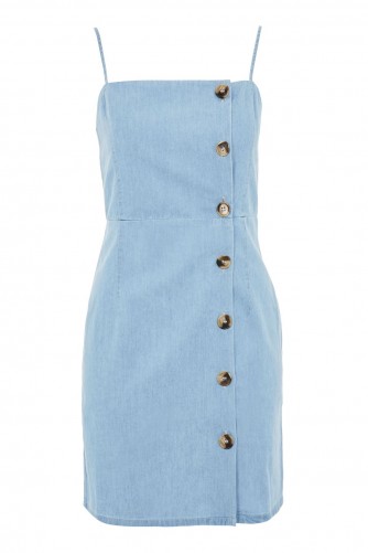 Topshop Horn Button Mini Dress | strappy blue denim pinafore