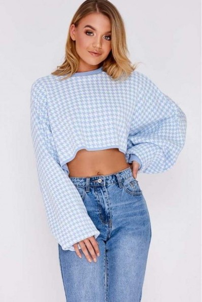 ILSE BABY BLUE HOUNDSTOOTH CROPPED JUMPER | wide sleeve checked jumpers - flipped