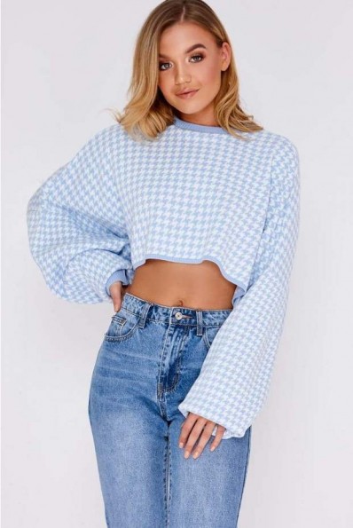 ILSE BABY BLUE HOUNDSTOOTH CROPPED JUMPER | wide sleeve checked jumpers