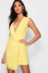 boohoo Isabelle Lace Wrap Detail Bodycon Dress – yellow v-plunge going out dresses