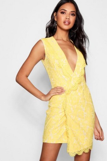 boohoo Isabelle Lace Wrap Detail Bodycon Dress – yellow v-plunge going out dresses - flipped