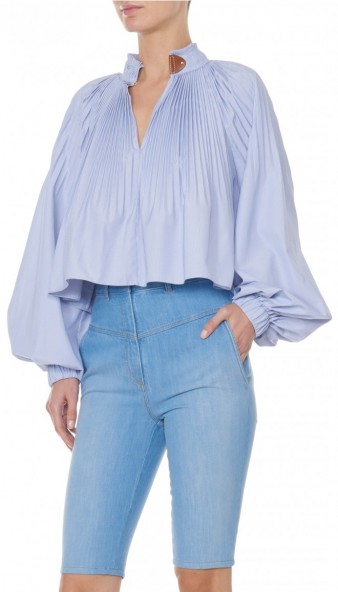 TIBI ISABELLE SHIRTING CROPPED EDWARDIAN TOP | pleated high neck tops