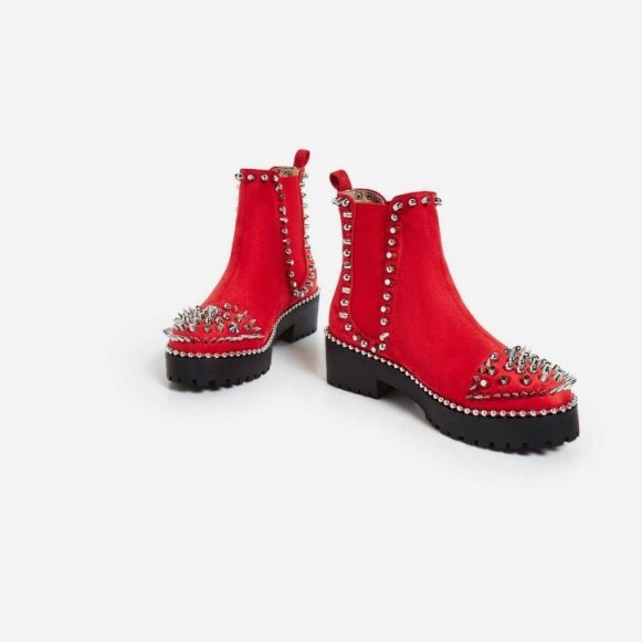 EGO Jack Silver Studded Detail Biker Boot In Red Faux Suede – casual weekend style - flipped
