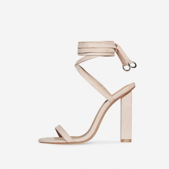 EGO Janna Lace Up Block Heel In Nude Faux Suede – strappy barely there sandals - flipped