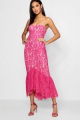 boohoo Jas Lace Bandeau Ruffle Hem Midi Dress – pink strapless going out dresses
