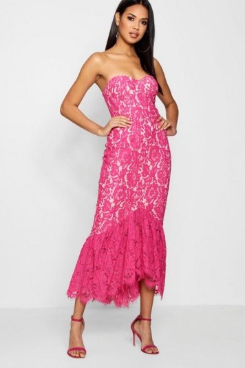 boohoo Jas Lace Bandeau Ruffle Hem Midi Dress – pink strapless going out dresses - flipped