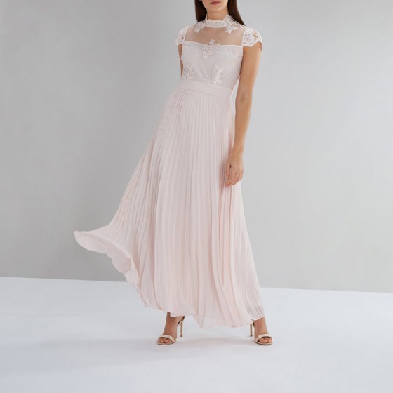 COAST Jen Lace Maxi Dress ~ long blush pink pleated occasion dresses - flipped