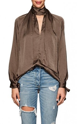 JUAN CARLOS OBANDO Crushed Satin Blouse ~ silky taupe tie neck blouses - flipped