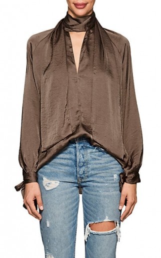 JUAN CARLOS OBANDO Crushed Satin Blouse ~ silky taupe tie neck blouses