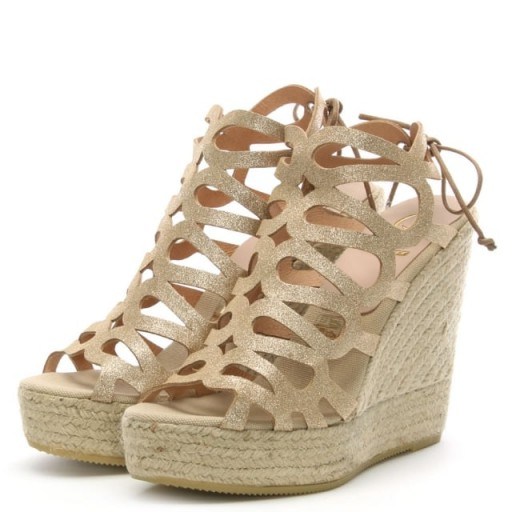 KANNA Berti Gold Metallic Leather Caged Wedge Espadrilles – high cut-out wedges - flipped