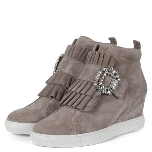 KENNEL & SCHMENGER Noreen Taupe Suede Jewelled Wedge High Top Trainers – ruffle front wedged heel sneakers - flipped