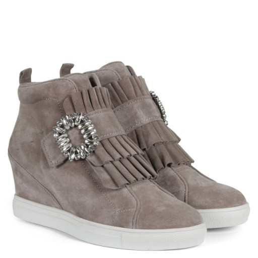 KENNEL & SCHMENGER Noreen Taupe Suede Jewelled Wedge High Top Trainers – ruffle front wedged heel sneakers