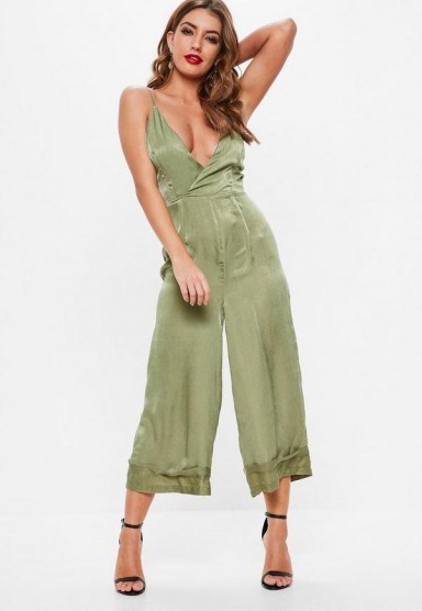 Missguided khaki cami deep cuff culotte jumpsuit | green strappy plunge front jumpsuits - flipped