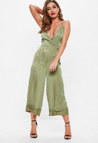 Missguided khaki cami deep cuff culotte jumpsuit | green strappy plunge front jumpsuits