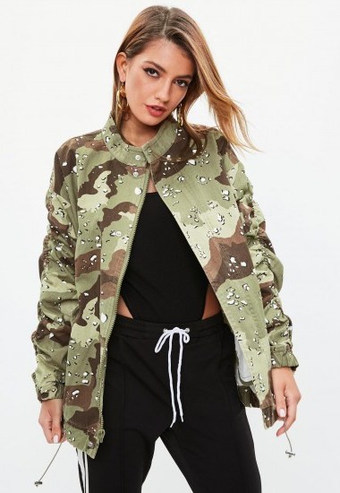 Missguided khaki camo ruched sleeve parka jacket ~ green camouflage jackets - flipped