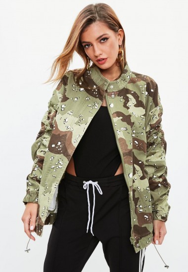 Missguided khaki camo ruched sleeve parka jacket ~ green camouflage jackets