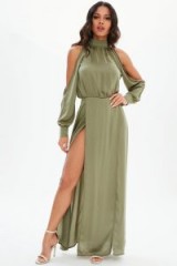 MISSGUIDED khaki split front satin maxi dress – going out glamour