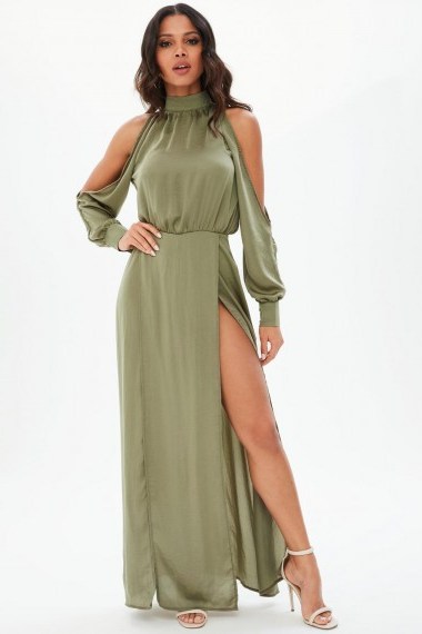 MISSGUIDED khaki split front satin maxi dress – going out glamour - flipped