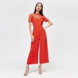 WAREHOUSE LACE AND CREPE JUMPSUIT ~ bright red crop leg jumpsuits