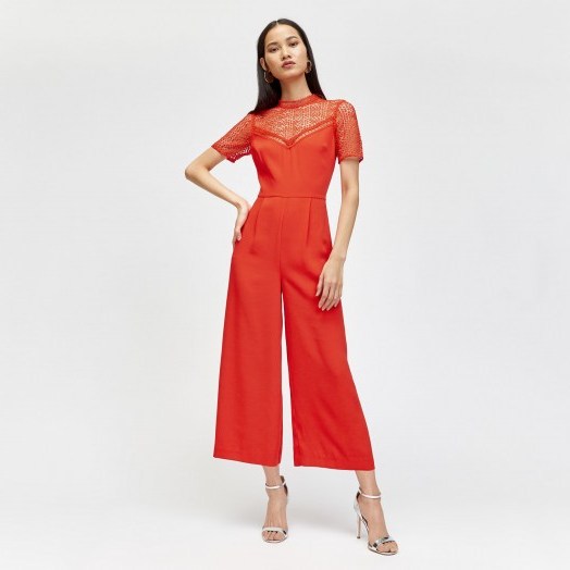 WAREHOUSE LACE AND CREPE JUMPSUIT ~ bright red crop leg jumpsuits - flipped