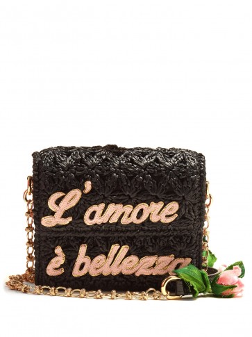 DOLCE & GABBANA L’amore Rose black raffia and leather cross-body bag ~ beautiful Italian slogan shoulder bags
