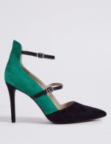 M&S COLLECTION Leather Stiletto Heel Strap Court Shoes – strappy colour block courts