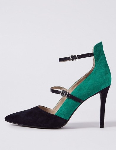M&S COLLECTION Leather Stiletto Heel Strap Court Shoes – strappy colour block courts - flipped