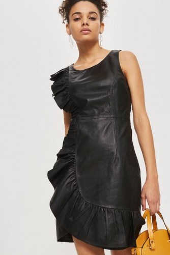 YAS Leather Wrap Dress | black side ruffle dresses - flipped