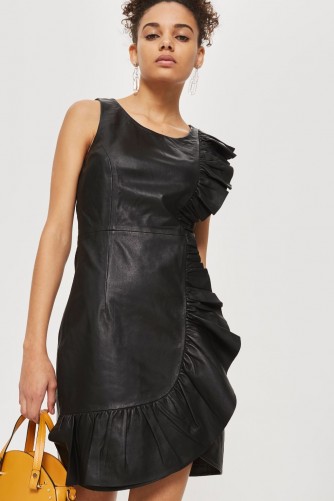 YAS Leather Wrap Dress | black side ruffle dresses